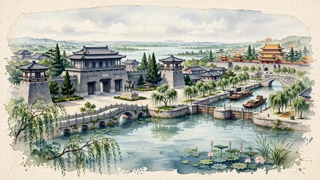 Watercolour of Suqian, China. Centered around Xiang Yu Hometown with heroic timber gates, Luoma Lake with stone causeways, and the Grand Canal corridor. Featuring Xiang Yu Hometown and Luoma Lake.