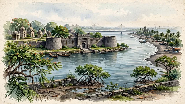 Watercolour of Surat, India. Centered around The 16th-century Surat Castle on the Tapi River, historic Dutch and Armenian cemeteries, and Dumas Beach, with Surat Castle and Dutch and Armenian Cemeteries.