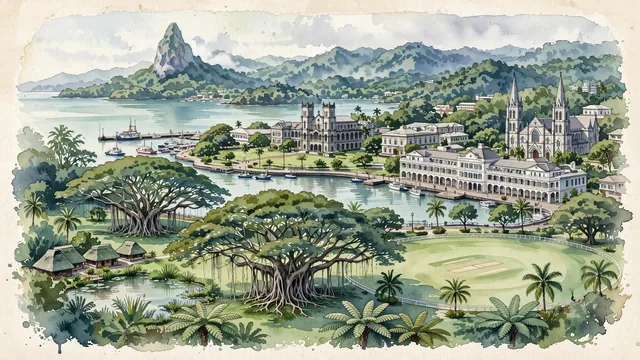 Watercolour of Suva, Fiji. On Viti Levu Island, the historic and vibrant South Pacific hub, with Joske's Thumb and Government Buildings.