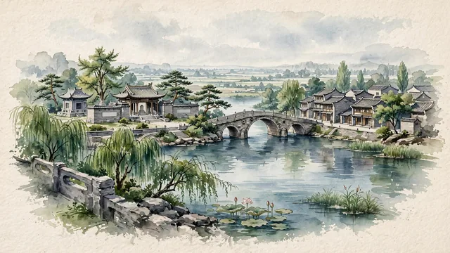 Watercolour of Suzhou (Anhui), China. Centered around The Tuohe River waterfront, the ancient Dazexiang Uprising Memorial, and the ancient stone arches of Fuli Town, with Chen Sheng and Wu Guang and Tuohe River.