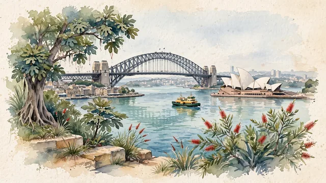 Watercolour of Sydney, Australia. Centered around Sydney Opera House with sail-like white shells, Sydney Harbour Bridge, and the turquoise waters of Port Jackson. Featuring Sydney Opera House and Sydney Harbour Bridge.