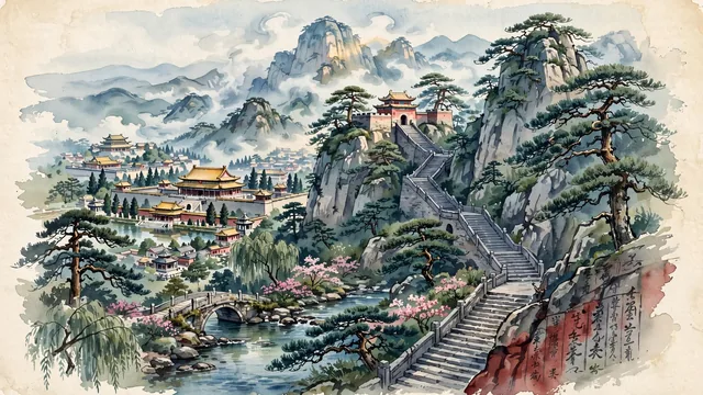 Watercolour of Tai'an, China. Centered around Mount Tai (Taishan) South Gate to Heaven and 18 Bends, the imperial Dai Temple complex, and the Peach Blossom Ravine, with Dai Temple and Mount Tai.