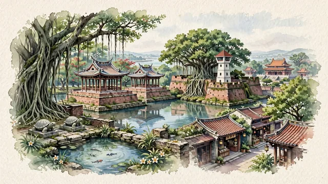 Watercolour of Tainan, Taiwan. Centered around Chihkan Tower (Fort Provintia) with Ming pavilions, Anping Fort (Fort Zeelandia), and the grand Tainan Confucius Temple. Featuring Chihkan Tower and Anping Fort.