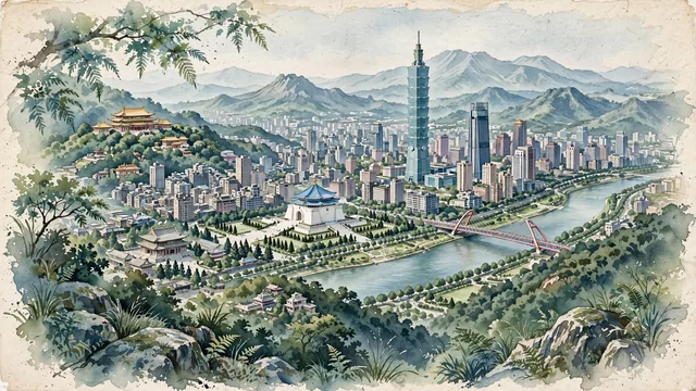 Watercolour of Taipei, Taiwan. Nestled in the green Taipei Basin, with Taipei and National Chiang Kai-shek Memorial Hall.