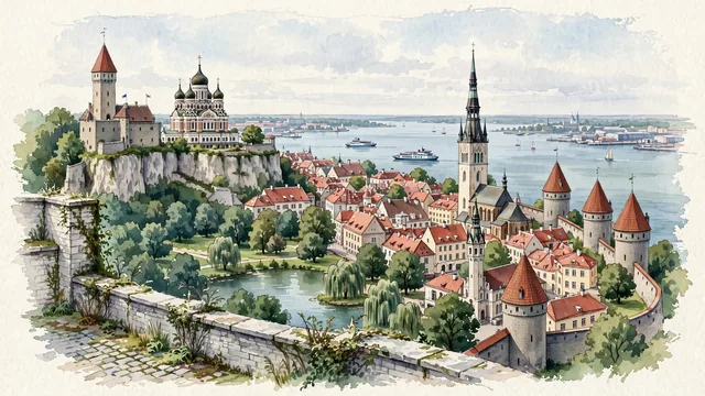 Watercolour of Tallinn, Estonia. The medieval Hanseatic pearl on the Gulf of Finland, with Toompea Castle and Russian Orthodox Alexander Nevsky Cathedral.
