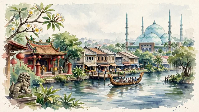 Watercolour of Tangerang, Indonesia. Centered around The historic Boen Tek Bio Chinese temple in Pasar Lama, the Cisadane River with traditional dragon boats, and the Al-Azhom Grand Mosque. Featuring Boen Tek Bio Temple and Cisadane River.