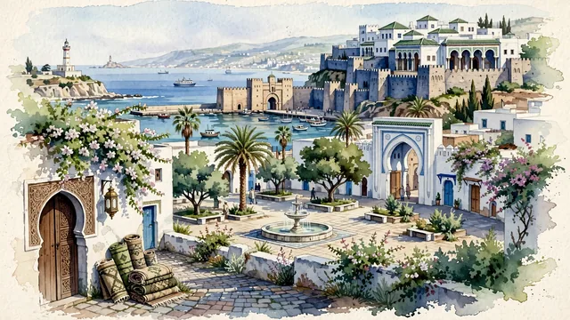 Watercolour of Tangier, Morocco. Centered around The Kasbah of Tangier on the cliff overlooking the Strait of Gibraltar, the Grand Socco, and the whitewashed Medina alleys, with Kasbah and Bab.