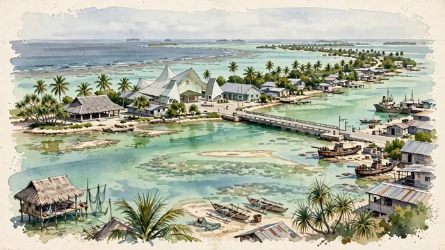 Watercolour of Tarawa, Kiribati. South Tarawa, a slender coral atoll in the central Pacific, with Maneaba and Parliament Building of Kiribati.