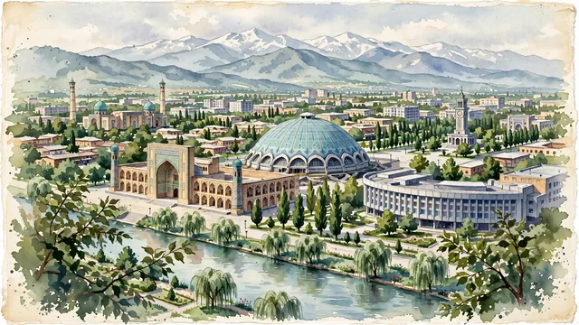 Watercolour of Tashkent, Uzbekistan. The ancient oasis capital of Central Asia, with Hazrati Imam and Chorsu Bazaar.