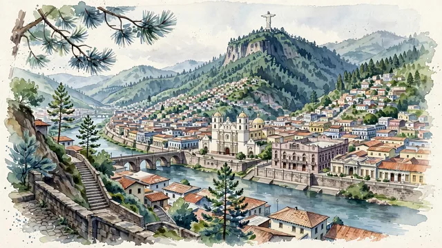 Watercolour of Tegucigalpa, Honduras. Nestled in its steep mountain valley, with Cristo del Picacho and Saint Michael the Archangel Cathedral.