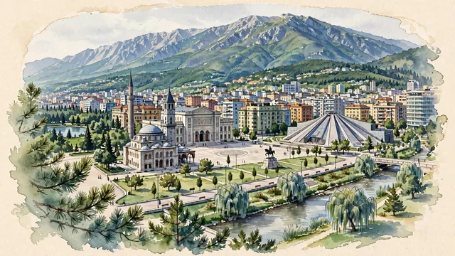Watercolour of Tirana, Albania. Situated in the fertile valley beneath Mount Dajti, with National Historical Museum and Et'hem Bey Mosque.