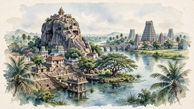 Watercolour of Tiruchirappalli, India. Centered around The colossal Rockfort Temple perched atop a 273-foot granite outcrop, Sri Ranganathaswamy Temple gopurams in Srirangam, and the Kaveri River, with Rockfort Temple and Sri Ranganathaswamy Temple.