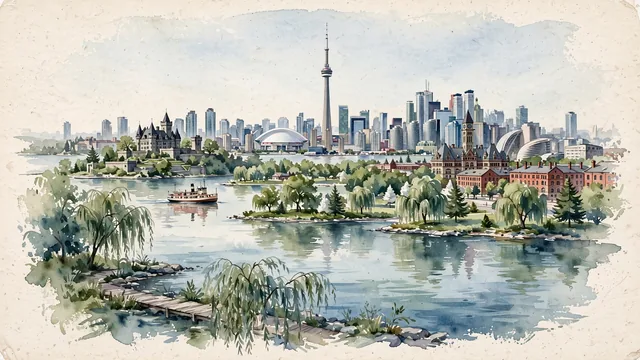 Watercolour of Toronto, Canada. Centered around Toronto Islands and Lake Ontario looking across to the CN Tower and skyline, Casa Loma, and historic brick Distillery District, with Toronto Islands and Toronto Islands.