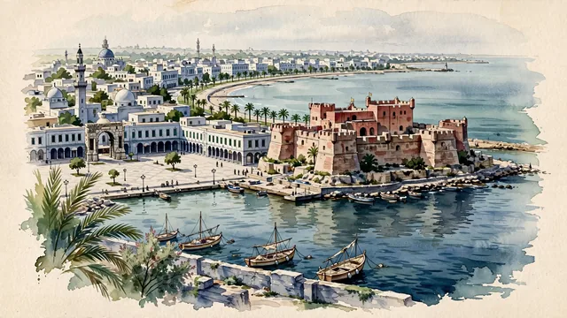 Watercolour of Tripoli, Libya. The "Bride of the Mediterranean", with Red Castle and Arch of Marcus Aurelius.