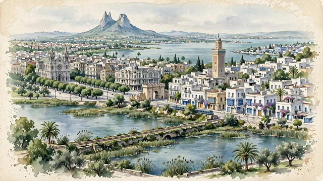 Watercolour of Tunis, Tunisia. Set between Lake Tunis and the Mediterranean Sea, with Al-Zaytuna Mosque and Bab El Bhar.