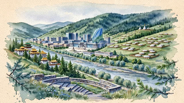 Watercolour of Ulan Bator, Mongolia. Ulaanbaatar, situated in the Tuul River valley surrounded by sacred mountains, with Bogd Khan Uul and Gandantegchinlen Monastery.