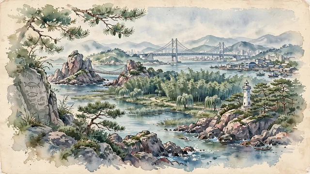Watercolour of Ulsan, South Korea. Centered around Daewangam Park coastal granite rocks and pine forest, the Taehwagang National Garden with its bamboo grove, and Ulsan Bridge. Featuring Daewangam Park and Taehwagang National Garden.