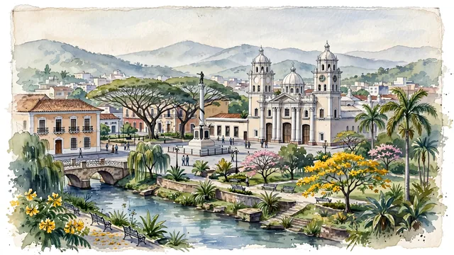 Watercolour of Valencia, Venezuela. Centered around Plaza Bolívar with the Basilica Cathedral of Our Lady of the Relief, the historic Casa Páez courtyards, and the Cabriales River parklands. Featuring Basilica Cathedral of Our Lady of the Relief and José Antonio Páez.
