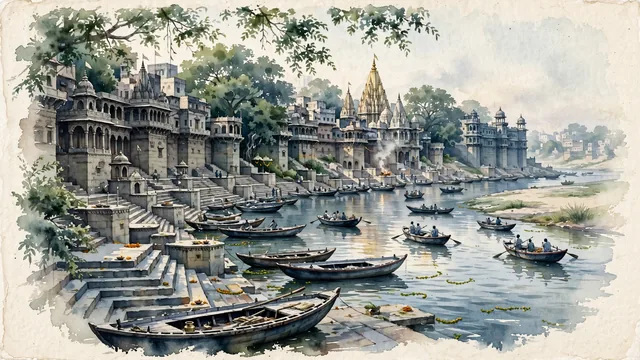 Watercolour of Varanasi, India. Centered around The sacred stone ghats (Dashashwamedh and Manikarnika) along the crescent curve of the Ganges, Kashi Vishwanath Temple, and morning boats, with Kashi Vishwanath Temple and sacred Gangetic plain flora.