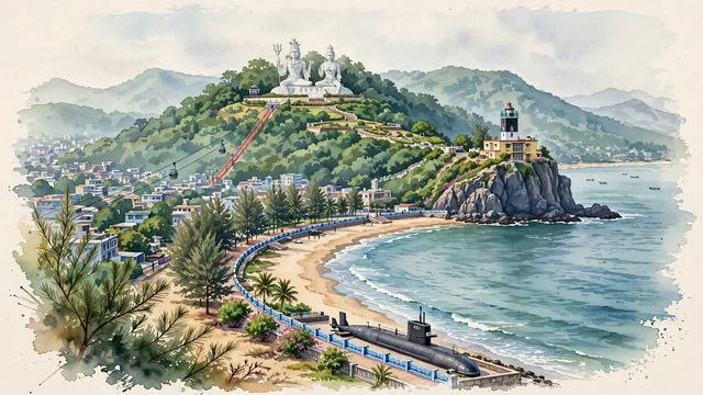 Watercolour of Visakhapatnam, India. Centered around Kailasagiri hilltop park with colossal Shiva-Parvati statues overlooking the Bay of Bengal, Ramakrishna Beach, and Dolphin's Nose. Featuring Lord Shiva and Goddess Parvati and Dolphin's Nose.