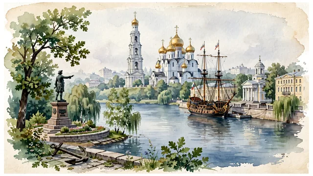 Watercolour of Voronezh, Russia. Centered around Annunciation Cathedral with golden domes, the Voronezh Reservoir with Admiralteisky Square and Goto Predestinatsia ship, and Petrovsky Square. Featuring Annunciation Cathedral and Admiralteyskaya Square.