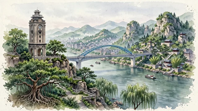 Watercolour of Wanzhou, China. Centered around The historic Wanzhou Xishan Clock Tower on the Yangtze River bluffs, Taibai Rock pavilions, and the Yangtze River Bridge, with Xishan Clock Tower and Taibai Rock.