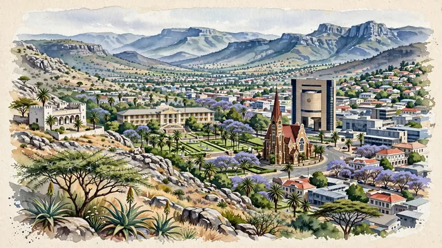 Watercolour of Windhoek, Namibia. Nestled on the high central plateau surrounded by rolling mountains, with Christuskirche and Tintenpalast.