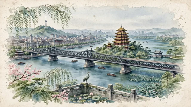 Watercolour of Wuhan, China. Centered around Yellow Crane Tower (Huanghe Lou) on Snake Hill, the Wuhan Yangtze River Bridge, and the vast waters of East Lake, with Yellow Crane Tower and Wuhan Yangtze River Bridge.