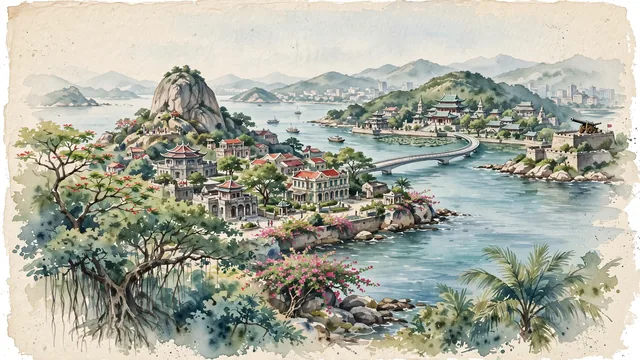 Watercolour of Xiamen, China. Centered around Gulangyu Island with Sunlight Rock and Victorian-colonial stone villas, South Putuo Temple, and the coastal Yanwu Bridge. Featuring UNESCO World Heritage and Sunlight Rock.