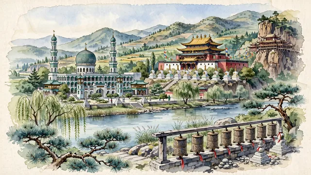 Watercolour of Xining, China. Centered around Kumbum Monastery (Ta'er Temple) with golden pagoda roofs and butter sculptures, Dongguan Grand Mosque, and the Huangshui River. Featuring Kumbum Monastery and Dongguan Grand Mosque.