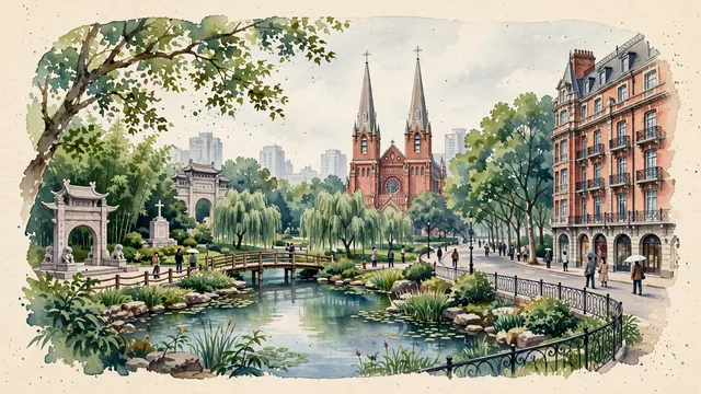Watercolour of Xuhui, China. Centered around The twin Gothic spires of St. Ignatius Cathedral (Xujiahui Cathedral), the plane-tree avenues of the Former French Concession, and Xujiahui Park, with St. Ignatius Cathedral and Wukang Road and Hunan Road.