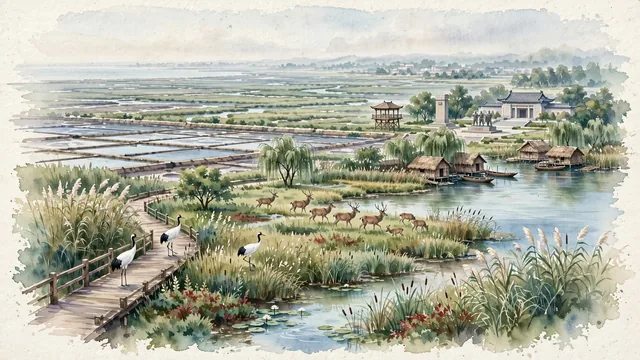 Watercolour of Yancheng, China. Centered around The coastal wetland mudflats with red-crowned cranes and Pere David's deer (Milu), Dazong Lake, and the New Fourth Army Memorial. Featuring Yancheng Rare Birds National Nature Reserve and Dafeng Milu National Nature Reserve.
