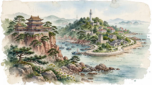 Watercolour of Yantai, China. Centered around Penglai Pavilion on the seaside cliffs overlooking the Yellow Sea, Yantai Hill with the historic stone lighthouse, and Binhai Road. Featuring Penglai Pavilion and Yantai Hill.
