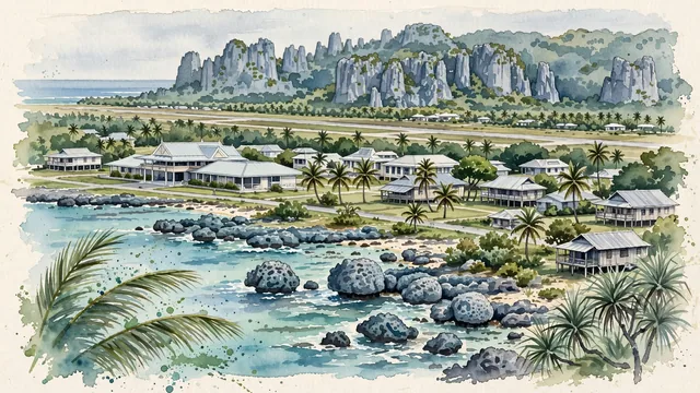 Watercolour of Yaren, Nauru. On Nauru Island in the central Pacific, with Parliament House of Nauru and Government Buildings and Court House.