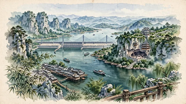 Watercolour of Yichang, China. Centered around The Three Gorges (Xiling Gorge) cliffs over the Yangtze River, the Three Gorges Dam, and the Sanyou Cave cliffside pavilions, with Xiling Gorge and Three Gorges Dam.