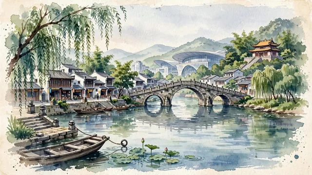 Watercolour of Yiwu, China. Centered around Yiwu International Trade City modern architectural pavilions, the ancient stone Diaoji Bridge over Donghe River, and Shuanglin Temple, with Qing Dynasty and Republic-era and Diaoji Bridge.
