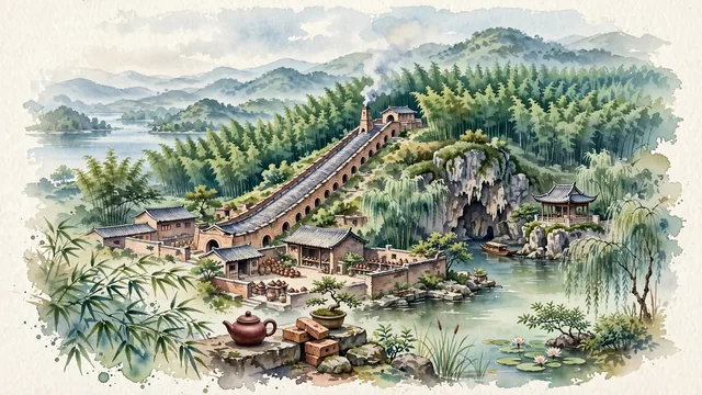 Watercolour of Yixing, China. Centered around The Dragon Kiln of Dingshushan (Qianshu Ancient Dragon Kiln), Lake Taihu bamboo forests, and Shanjuan Cave, with Qianshu Ancient Dragon Kiln and Yixing Zisha.