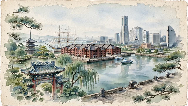 Watercolour of Yokohama, Japan. Centered around Yokohama Minato Mirai 21 waterfront with the Landmark Tower and Cosmo Clock 21 Ferris wheel, the Red Brick Warehouse (Akarenga Soko), and Sankeien Garden. Featuring Yokohama Landmark Tower and Yokohama Red Brick Warehouse.