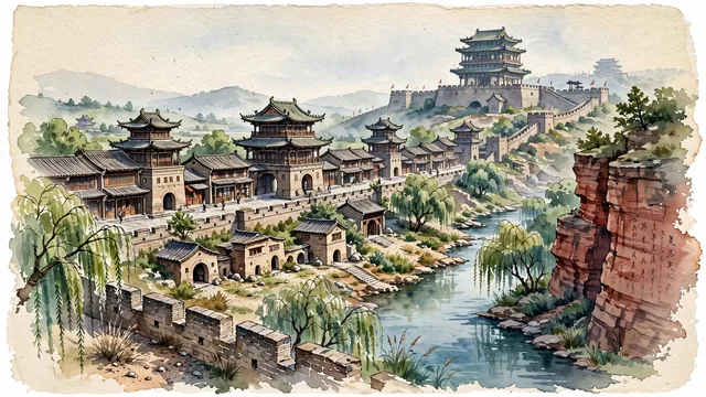 Watercolour of Yulin, China. Centered around Zhenbeitai Tower ('First Tower of the Great Wall'), the Ming-era Yulin Ancient City Street with wooden drum towers, and Hongshixia (Red Stone Gorge). Featuring Zhenbeitai Tower and Yulin Ancient City Ming-Qing Street.