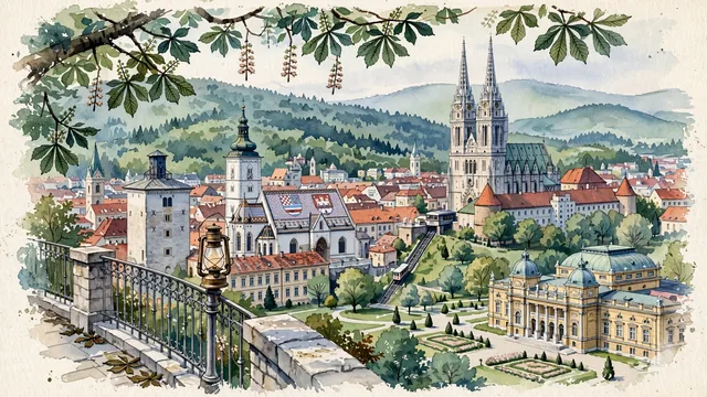 Watercolour of Zagreb, Croatia. Situated between Mount Medvednica and the Sava River, with St. Mark's Church and Zagreb Cathedral.