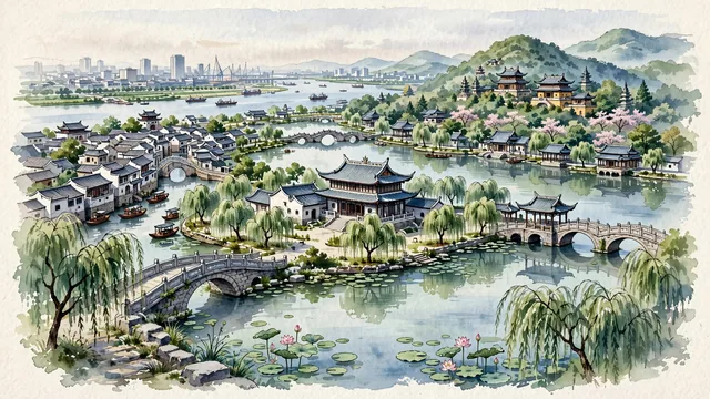 Watercolour of Zhangjiagang, China. Centered around The Yangtze River estuary waterfront, the ancient Liangfeng Ecological Park with lotus ponds, and the historic Fenghuang Mountain pavilions. Featuring Liangfeng Ecological Park and Fenghuang Mountain.