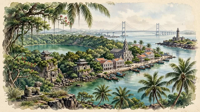 Watercolour of Zhanjiang, China. Centered around The historic French colonial Victor Schoelcher lighthouse on Nansan Island, Huguangyan volcanic maar lake, and the Zhanjiang Bay Bridge, with Huguangyan National Geopark and Zhanjiang Bay Bridge.