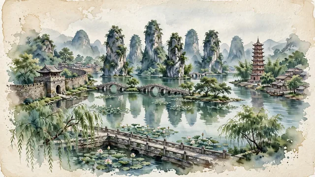 Watercolour of Zhaoqing, China. Centered around Seven Star Crags (Qixingyan) karst peaks rising from Star Lake, the Song Dynasty City Wall, and the Xijiang River, with Seven Star Crags and Song Dynasty Zhaoqing City Wall.