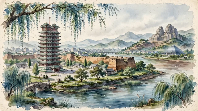 Watercolour of Zhengzhou, China. Centered around The Erqi Memorial Tower, the 3,600-year-old Shang Dynasty city wall ruins, and the Yellow River scenic area with Emperor Yan and Huang statues. Featuring Erqi Memorial Tower and Shang Dynasty City Wall.