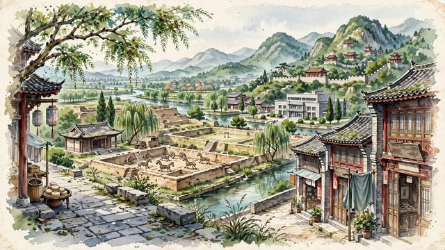 Watercolour of Zibo, China. Centered around The ancient Qi State Capital ruins in Linzi with sacrificial horse pits, the historic merchant street of Zhoucun, and the Yuanshan mountain temples. Featuring Sacrificial Horse Pit of the Qi State and Zhoucun Ancient Commercial Town.