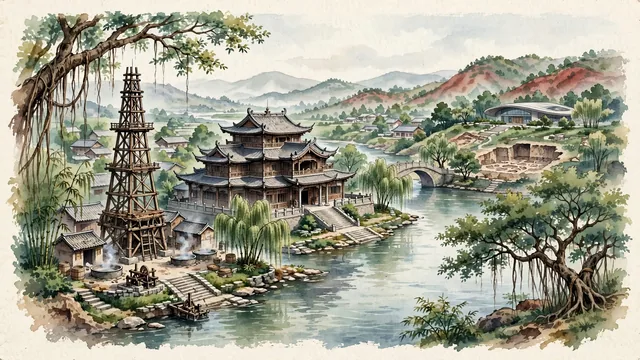Watercolour of Zigong, China. Centered around The ancient Shenhai Well (1,000-meter salt well with wooden derrick), the Zigong Salt Industry History Museum in Xiqin Guildhall, and the Fuxi River. Featuring Shenhai Well and Xiqin Guildhall.